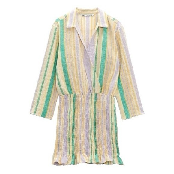 Zara The Valery Smocked Yellow Green Striped Mini Dress S - Picture 1 of 11